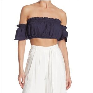 4SI3NNA navy blue off the shoulder crop top